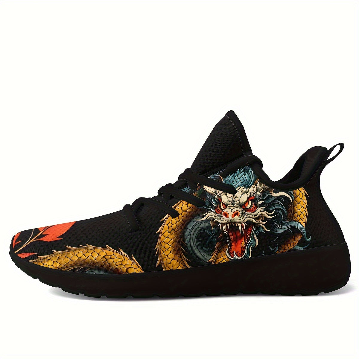 Chinese Dragon Graphic Knit Running Shoes, Shock Absorption